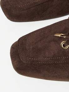 Mnmlis Women's New Thick Heel Loafers, Fashionable Suede Metal Buckle Square Toe Shoes - Coffee Brown - View 4