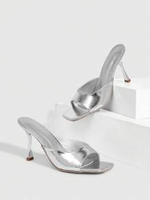 CUCCOO SZL Women's French Style Silver Shiny Square Toe High Heel Sandals, Suitable For Summer, Nightclub, Party, Runway, Gathering, Vacation - Silver - View 1