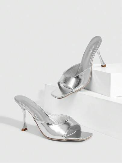 CUCCOO SZL Giày sandal cao gót mũi vuông màu bạc bóng kiểu Pháp dành cho nữ, thích hợp cho mùa hè, hộp đêm, tiệc tùng, sàn diễn thời trang, tụ họp, kỳ nghỉ.