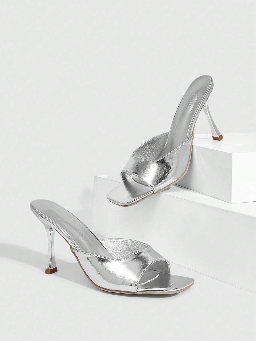 CUCCOO SZL Women's French Style Silver Shiny Square Toe High Heel Sandals, Suitable For Summer, Nightclub, Party, Runway, Gathering, Vacation - Silver - View 1