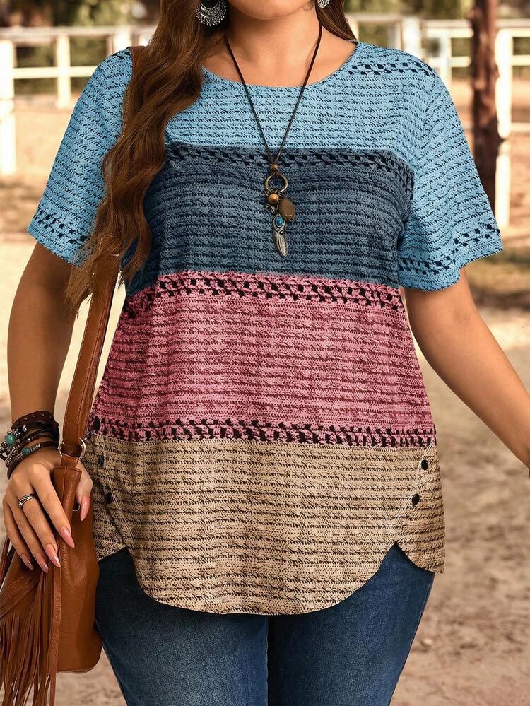 Plus Size Women Round Neck Color Block Casual Everyday Short Sleeve T-Shirt