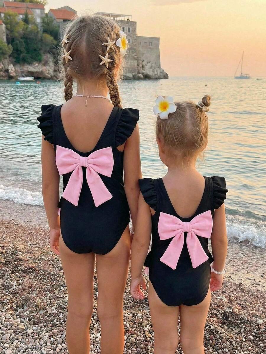 Emery Rose Kids Emery Rose Kids 女童条纹蝴蝶结花卉连体泳衣 - 黑色 - 查看 1