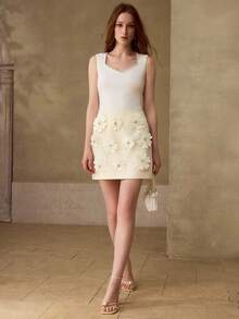 MOTF PREMIUM 2025 WOMEN'S NEW ARRIVAL 3D FLORAL DECOR WAIST CINCHED A-LINE SKIRT - Apricot - View 8