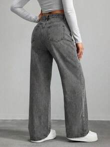 EURMUSE Jeans casuales y versátiles de tiro alto, pierna ancha y bolsillos para mujer - Gris - Ver 2