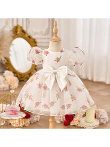 女婴可爱优雅薄纱花卉图案蝴蝶结装饰短袖连衣裙 - 彩色 - 查看 9