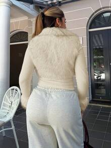 Maria Perezxox 杏色仿皮草拉链长袖女式夹克，时尚街头风格，秋冬 - 杏色 - 查看 5
