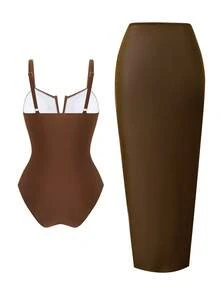Swim Oasis Áo tắm liền thân cỡ lớn màu nâu, dây đeo vai mảnh có thể điều chỉnh, cổ chữ V, eo nhún, hông nhún, vạt trước xếp ly, gấu áo thông thường, thắt nút xoắn, thích hợp cho kỳ nghỉ biển. - màu nâu - Xem 3