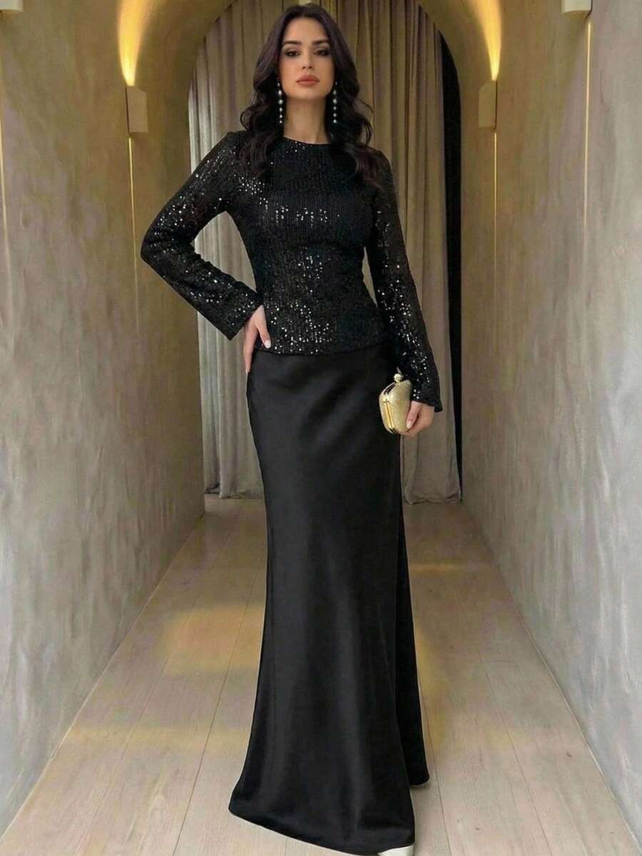 Firerie Đầm satin đính sequin phối màu thanh lịch, kiểu dáng thường ngày dành cho nữ, màu đen, thích hợp dự tiệc, tay dài, phù hợp cho mùa thu/đông.