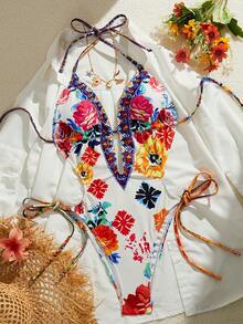 Swim Vcay 女士印花挂脖系带连体泳衣，适合海滩度假、泳池派对、沙滩派对 - 彩色 - 查看 6