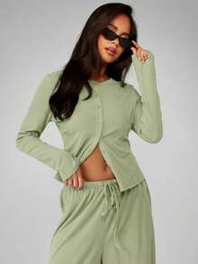 MISSGUIDED Sage Green Button Up Cardigan And Wide Leg Pants Soft Touch Co-Ord Set Casual Two Piece Outfit Loungewear - Green - View 6