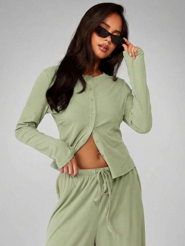 MISSGUIDED Sage Green Button Up Cardigan And Wide Leg Pants Soft Touch Co-Ord Set Casual Two Piece Outfit Loungewear