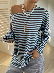DAZY Women's Cotton Solid Color Spring Holiday Crew Neck Loose Long Sleeve Long T-Shirt - Blue - View 5