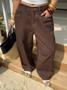 Dazy Plus 宽松阔腿街头风后袋蕾丝设计休闲大码女式长款牛仔裤，四季皆宜 - 棕色 - 查看 2