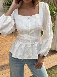 DAZY Textured Jacquard Fabric Fitted Waist Flared Hem Square Collar Long Sleeve Elegant Summer Blouse For Women Babydoll Top - White - View 5
