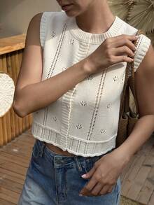 DAZY Women's Hollow Out Casual Crew Neck Cropped Knit Top - Apricot - View 6