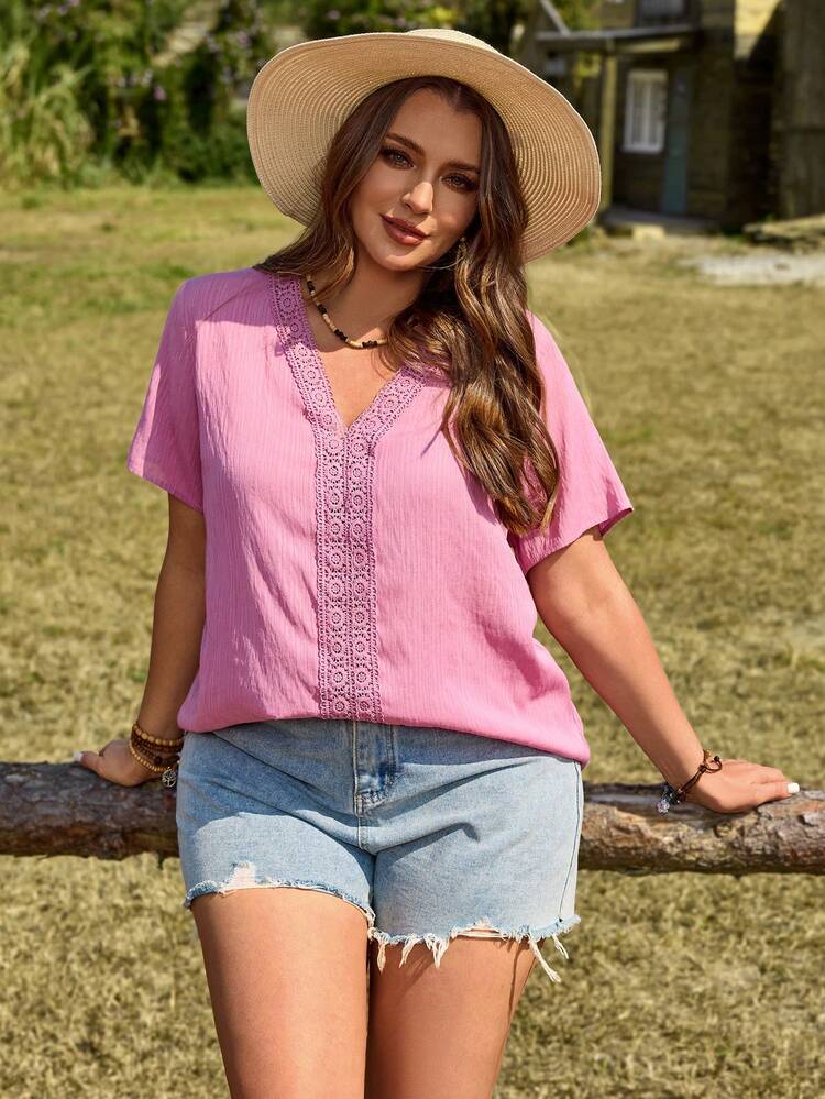 Plus Size Women's Pink V Neck Blouse With Crochet Lace Detail Short Sleeve Casual Summer Top Summer Outfit For Plus Size Women Festival Outfits For Plus Size Women Beach Outfits For Plus Size Women Vacation Outfits Plus Size  Women Country Concert Outfit  Boho Outfit