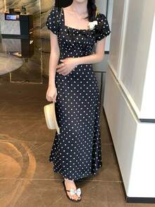 DAZY 女士休闲波点印花连衣裙，适合度假 - 黑色 - 查看 4