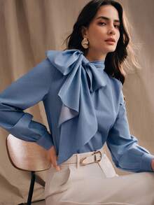 Anewsta 女士高领长袖系带袖口优雅时尚衬衫，适合春季、外出、正式场合、休闲场合、婚礼季、毕业典礼等。 - 藍色 - 查看 1