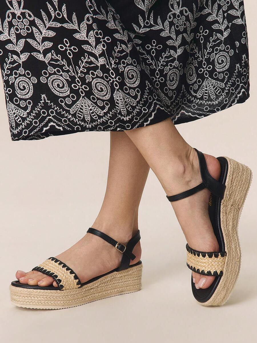 Styleloop 女士厚底坡跟凉鞋，时尚纯色编织休闲厚底坡跟凉鞋，波西米亚复古帆布踝带坡跟凉鞋，美式西部音乐节派对穿搭，度假穿搭，旅行必备 - 黑色1 - 查看 1