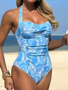 Swim Lushoire White And Blue Floral Summer Boho Pool Party Holiday One-Piece Swimsuit For Women, Elegant Front Crossover Ruched Beach Vacation Ocean Blue - Multicolor - View 5