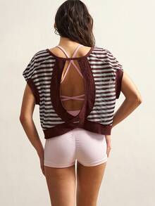 VARSIVA Women's Striped Round Neck Cap Sleeve Backless Sports T-Shirt - Multicolor - View 8