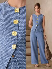 Selenza Women's Metal Single-Breasted Vest And Wide-Leg Jeans Casual Suit - Blue - View 1