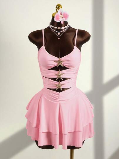 Zestiva فستان شاطئ صيفي كاجوال للنساء، فستان وردي أحادي اللون، بدلة سباحة قابلة للتعديل مزينة بنجمة البحر المعدنية، طقم بيكيني