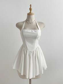 Elamini 女士纯色露背系带褶皱优雅收腰迷你连衣裙，适合约会和派对。女士连衣裙，女士夏季连衣裙，100%纯棉，女士夏季套装，白色夏季连衣裙，女士服装连衣裙，护士服，纯棉高品质连衣裙，露背连衣裙 - 白色 - 查看 6