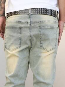 Manfinity EMRG Men's Retro Washed Star Rhinestone Horseshoe Embellished Flared Leg Jeans, Streetwear - Light Wash - View 8