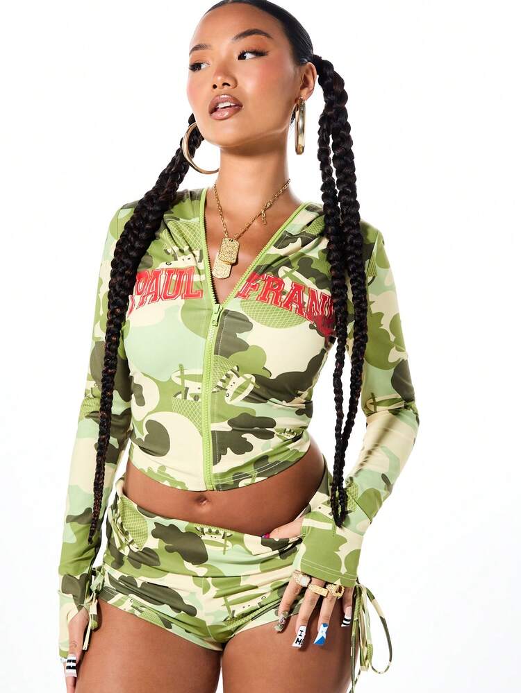 SUMWON Women's Camouflage Zip Through Hoodie With Print Long Sleeve Cropped Jacket