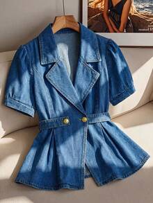 GlowEve Women's Short Petal Sleeve Waist Button Design Casual Denim Jacket - Blue - View 2