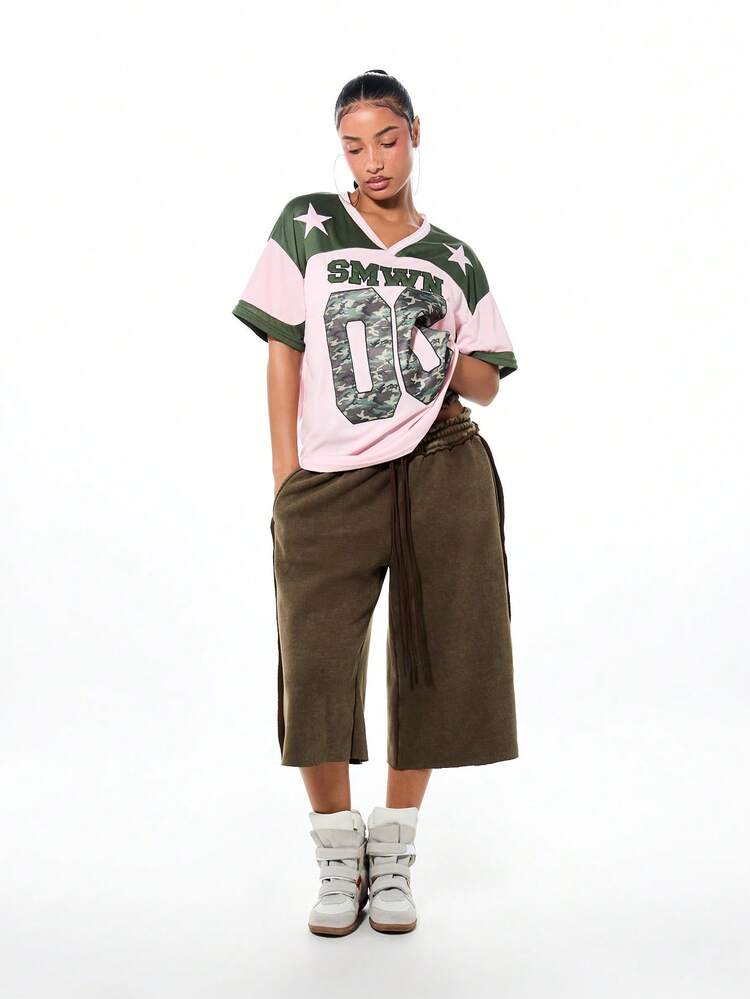 SUMWON WOMEN Mesh Graphic Jersey V-Neck Tee With Camouflage Numbers