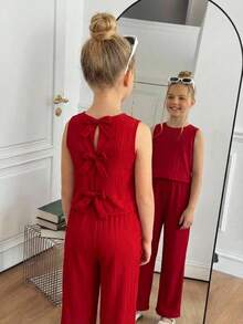 SHEIN 2件套少女休闲时尚通勤圆领蝴蝶结背心和七分裤套装，红色，春夏款 - 紅色 - 查看 2