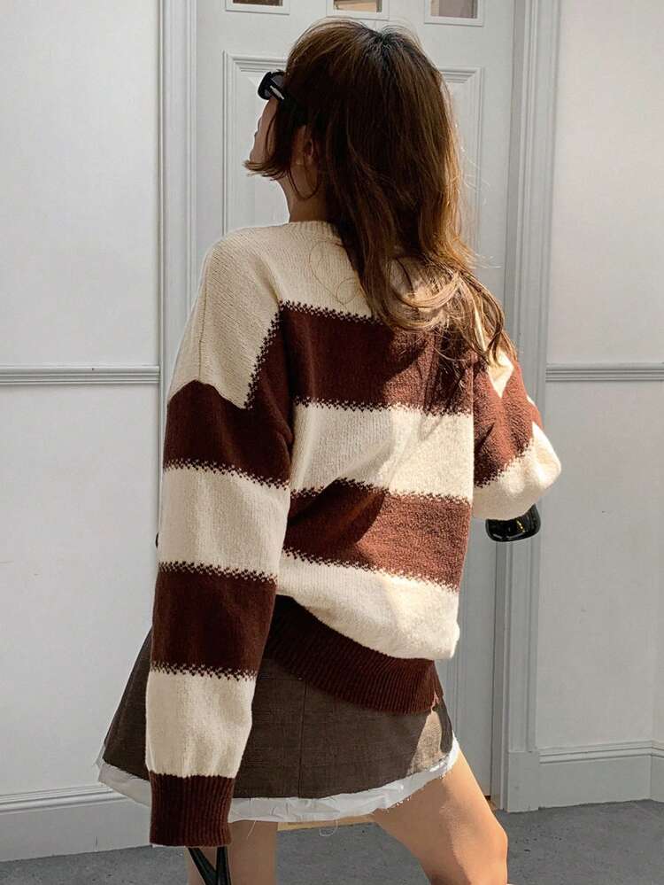 Striped Loose Long Sleeve Crew Neck Sweater For Women,Long Sleeve Tops,Fall Women Clothes
