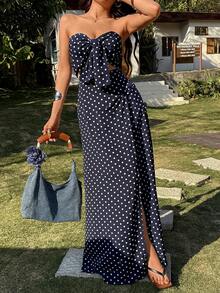 SHEIN VCAY 女式無肩帶圓點前打結上衣與側開岔裙套裝 - 藏蓝色 - 查看 6