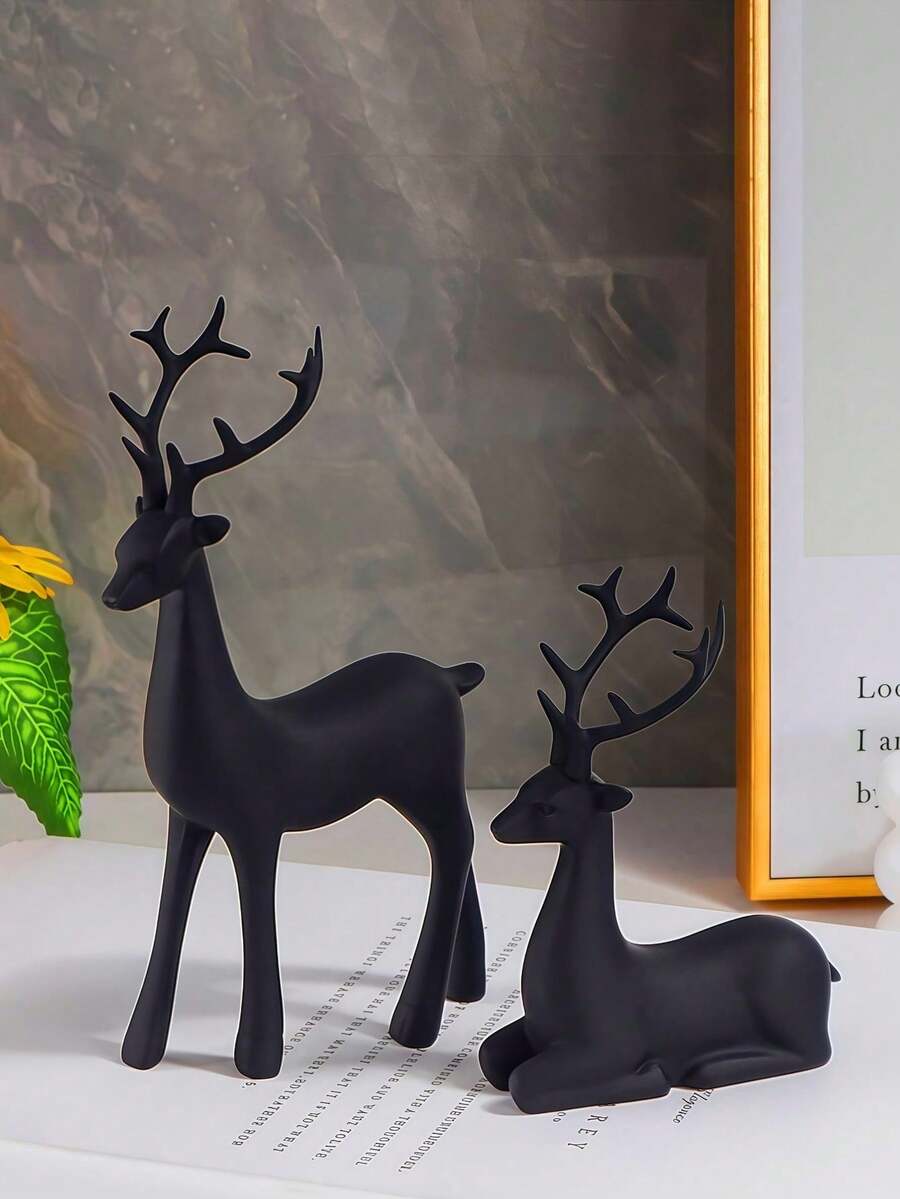 2 pezzi di cervi in resina di lusso stile nordico per decorare il soggiorno, la camera da letto, il mobile TV, il mobile bar. Sculture di cervi, ornamenti di cervi neri e accessori decorativi per le vacanze - multicolore - Visualizzare 1