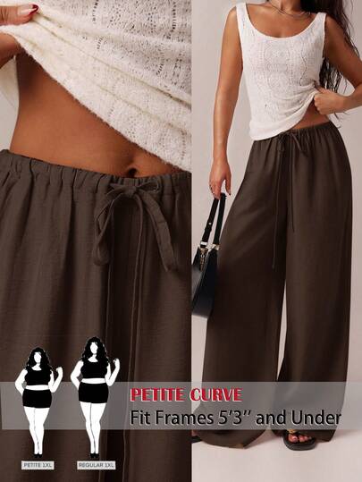 SHEIN PETITE CURVE New Plus Size Women's Petite Girls Casual FashionSolid Color Drawstring Waist Casual Versatile Wide Leg Pants For Daily Wear,High-Waisted Makes You Look Slimmer And Your Legs Longer, Suitable For Petite Women.High-Waisted Makes You Look Slimmer And Your Legs Longer, Suitable For Petite Women.Suitable For All Seasons And Occasion,Suitable For Petite Girls& Women, Summer Pants Summer Summer Pants Summer Outfits Summer Holiday Outfits Long Summer Pants For Women Spring Outfit ,Wide-Leg Pants,Office Pants,Brown Pants,Elegant Pants,Casual Pants, High-Waisted Slimming Wide-Leg Pants For Summer,Elegant Women's Ceremony Pants ,Elegant Pants For Party,Elegant Pants For Ladies,Elegant Long Pants, Vacation Outfits Women,Holiday Outfits For Women,Summer Holiday Outfits,Summer Vacation Outfits,Casual Pants For Women ,Casual Pants For Women