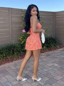 Alexandranx 女士夏季假日花卉印花修身側拉繩背心連身裙 - 橘色 - 查看 4