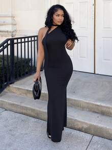 Alexandranx 女士纯红色露背吊带连衣裙，适合约会、圣诞派对、晚会 - 黑色 - 查看 1