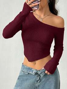 1pc Women's Sexy Off-Shoulder Solid Color Asymmetric Hem Long Sleeve Sweater - Burgundy - View 5