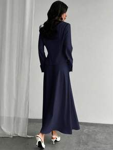 Firerie Women's Solid Color Long Sleeve Single-Breasted Jacket And Midi Skirt Elegant Suit Blazer Skirt Set - Navy Blue - View 2