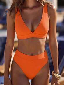SHEIN Swim 2026春夏橙色深V领纯色性感高衩比基尼泳衣两件套（女款） - 橘色 - 查看 1