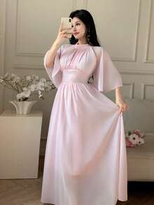 Celisse Women's Elegant Printed Split Flare Sleeve High Neck Mid-Length Dress - Pink - View 4