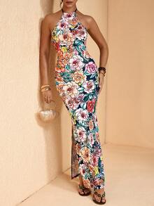 JIAN LASALA Multi Floral Print Halter Neck Tie Backless Women Summer Long Dress Vacation Casual Elegant - Multicolor - View 6
