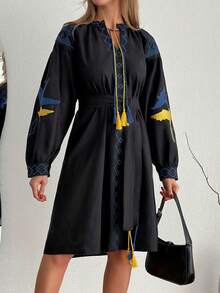 Women's Bohemian Style Embroidered Long Sleeve Belted Midi A-Line Dress, Black - Black - View 6