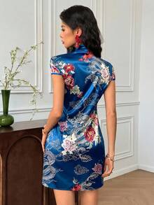 EastFlair Đầm ngắn nữ in hoa, cổ bẻ, thắt eo, thanh lịch cho các buổi hẹn hò và tiệc tùng. - Màu xanh lam - Xem 6