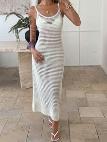 DAZY Hohlstrick-Trägerkleid für Frauen, elegantes Strandurlaubs-Kleid, einzigartiges, schönes langes Sommerkleid als Strandüberwurf für Bademode - Aprikosenfarben - Übersicht 6