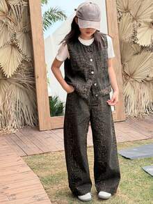 Tween Girls Bow Print Full-Print Casual Open-Front Round Neck Vest And Loose Denim Pants Denim Set, Fall - Brown - View 6