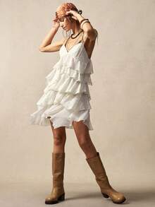 Bohemela Women's Summer Leisure Vacation Romantic Elegance French Beach Bohemian Country Music Festival Western Retro Paisley Lace Layered Ruffles Irregular Hem Mini Dress, Summer Outfits For Women,Free And Relaxed Style Of Dressing,Beach Outfit,Summer Vacation Outfits, Party Outfit - Apricot - View 3