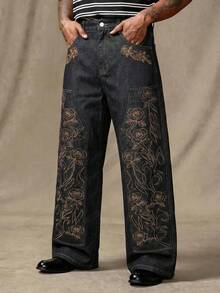 Manfinity LEGND Men's Casual Street Style Embroidered Patch Black Denim Jeans - Black - View 5